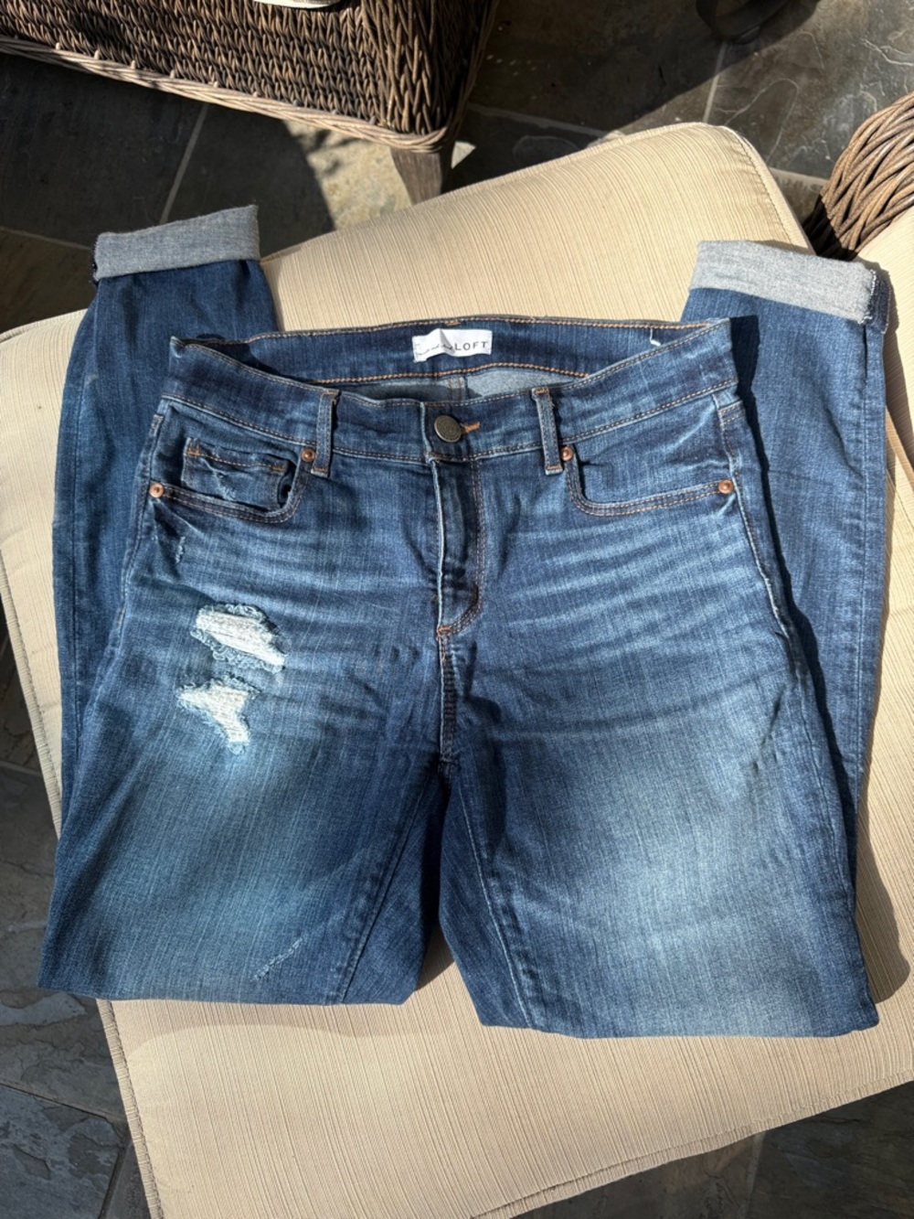 LOFT Medium Blue Distressed Roll-Cuff Boyfriend Jeans